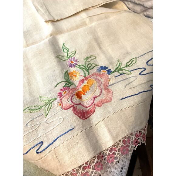 Mid Century Embroidered Linen Table Cover - Picture 1 of 7